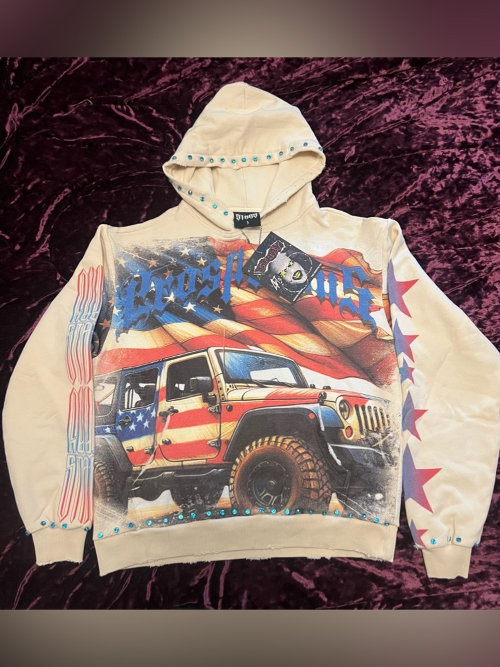 STRAY USA Flag Jeep Eagle Studded Graphic Cream Pullover Hoodie Men S